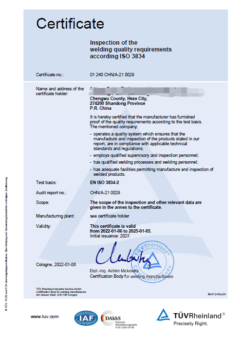 Certificate EN ISO 3834-2